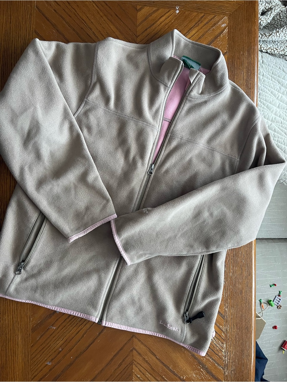 L.L. Bean Taupe Fleece Jacket with Pink Trim